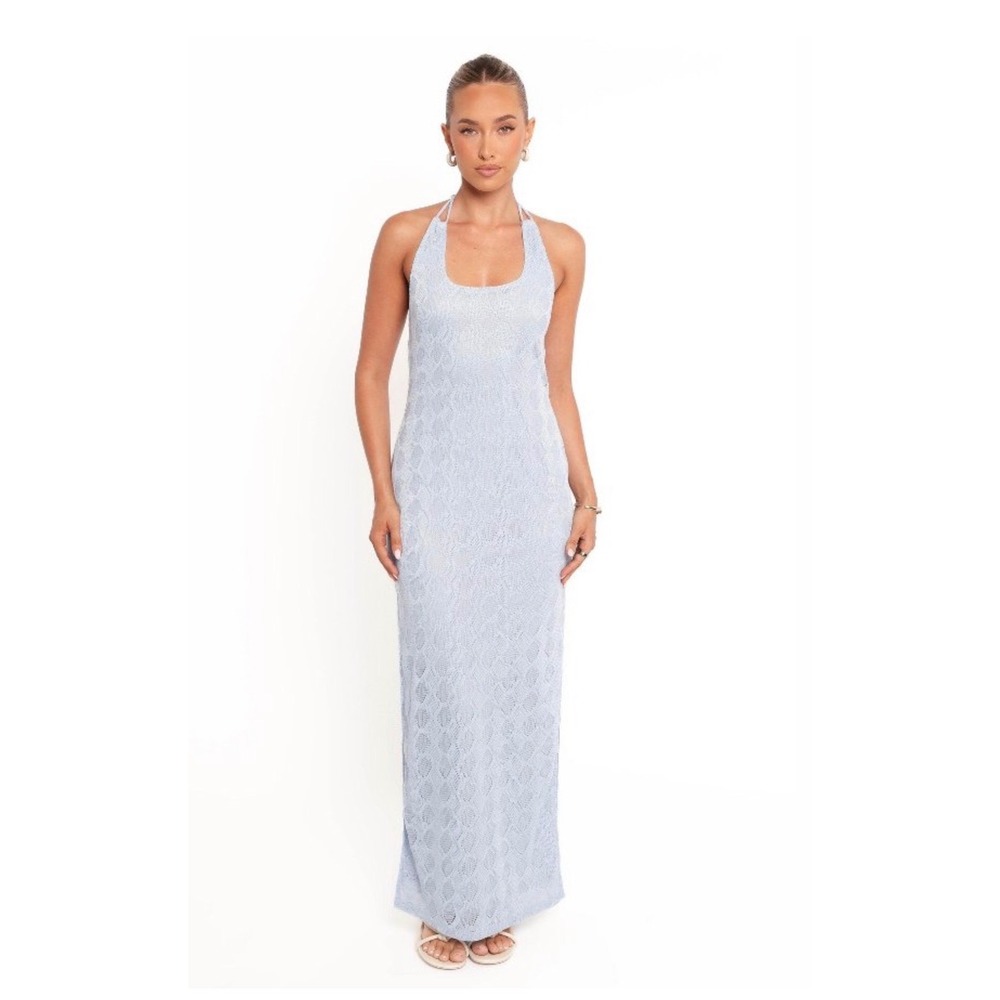 Petal & Pup Sonia Maxi Dress Blue Pointelle Knit Halter Neck Side Slit NWT Small